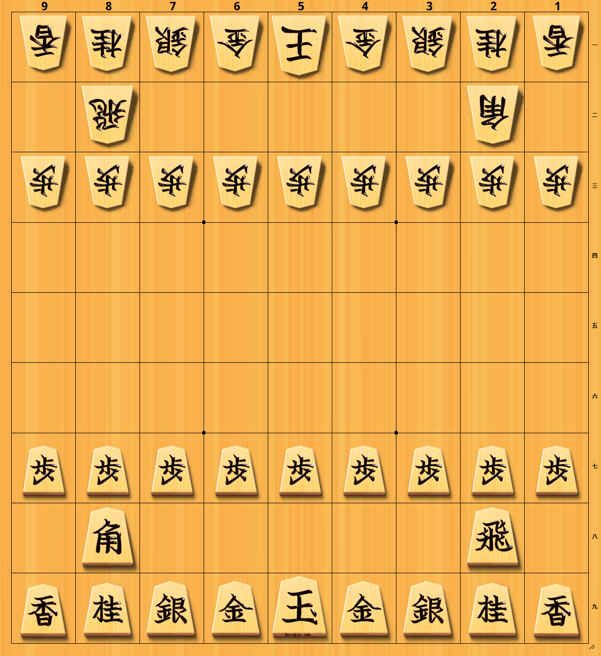 Shogi board with the pieces in their starting position