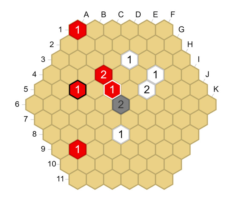Tumbleweed position with colored stacks on a hexagonal board